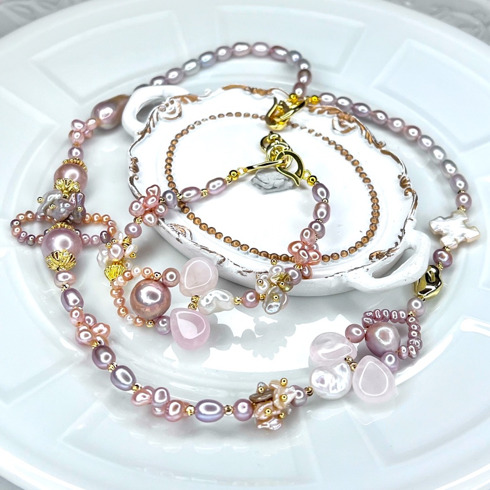 🤩 Handmade Freshwater Edison Pearl Rose Quartz Necklace Bracelet Braided SET